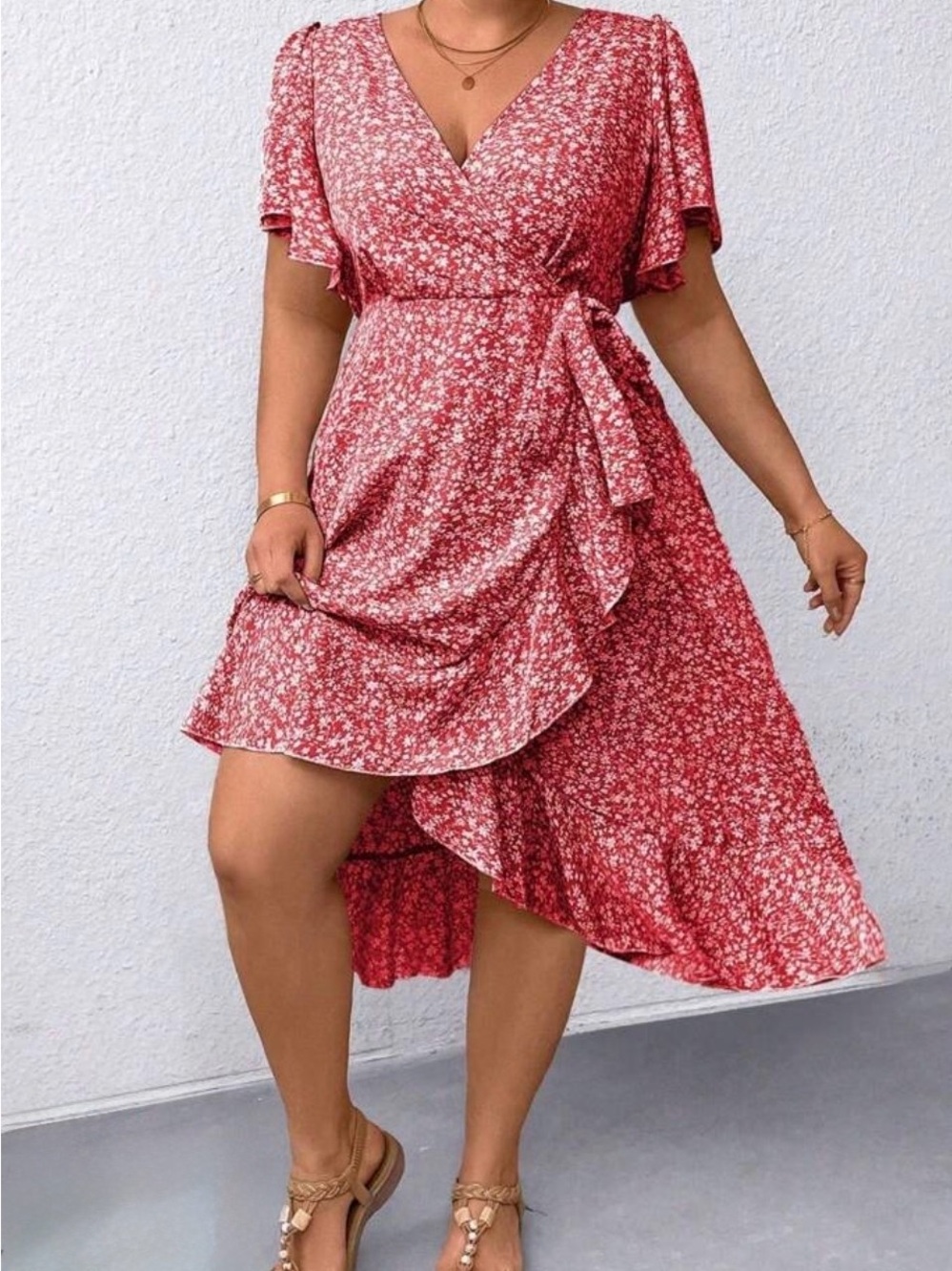 SHEIN Red Floral Wrap Midi Dress with Tie Waist